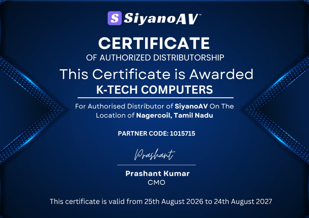 SiyanoAV Certificate of Authorized Distributorship - K-Tech Computers